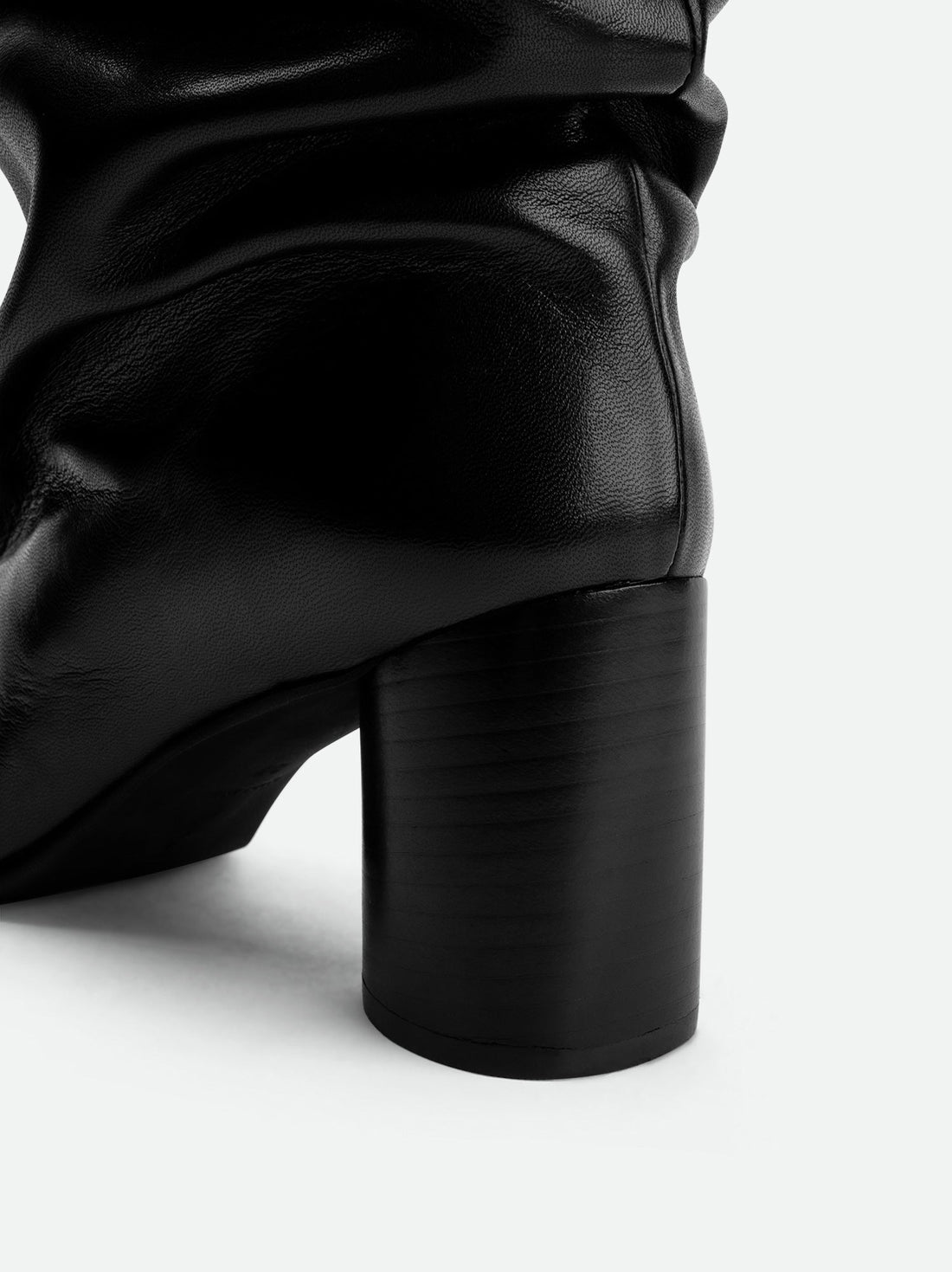 Hazel Black Leather Heel Tall Boots - Heel Close-up View - POEVE Collection