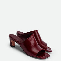 Mavis Red Crinkled Patent Leather Heel Mules - Angled Side View - POEVE Collection