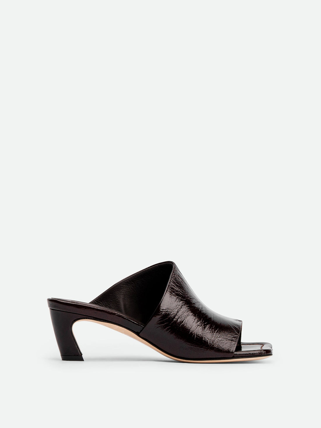 Mavis Dark Brown Crinkled Patent Leather Heel Mules - Side View - POEVE Collection
