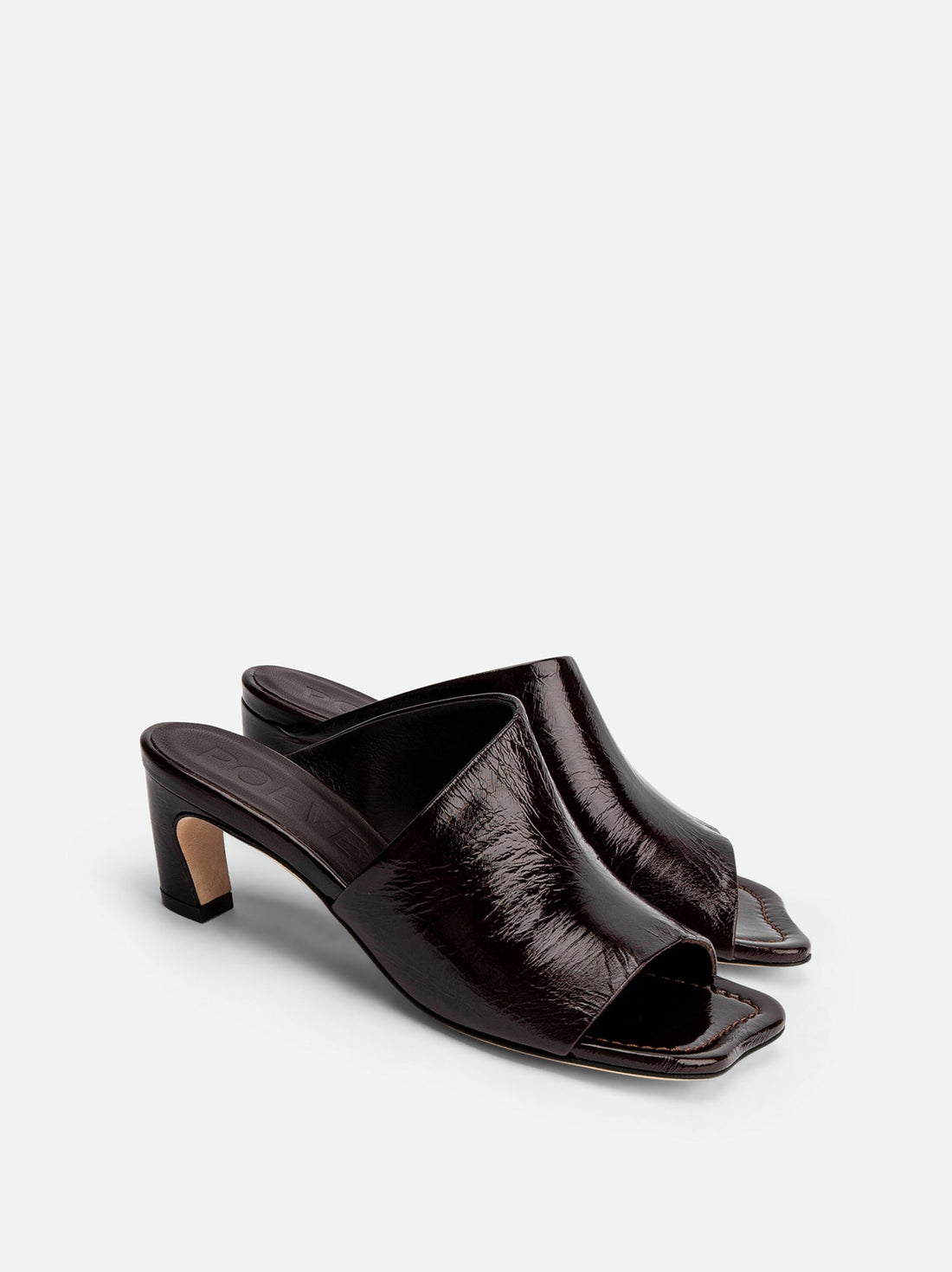 Mavis Dark Brown Crinkled Patent Leather Heel Mules - Angled Side View - POEVE Collection