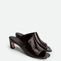 Mavis Dark Brown Crinkled Patent Leather Heel Mules - Angled Side View - POEVE Collection