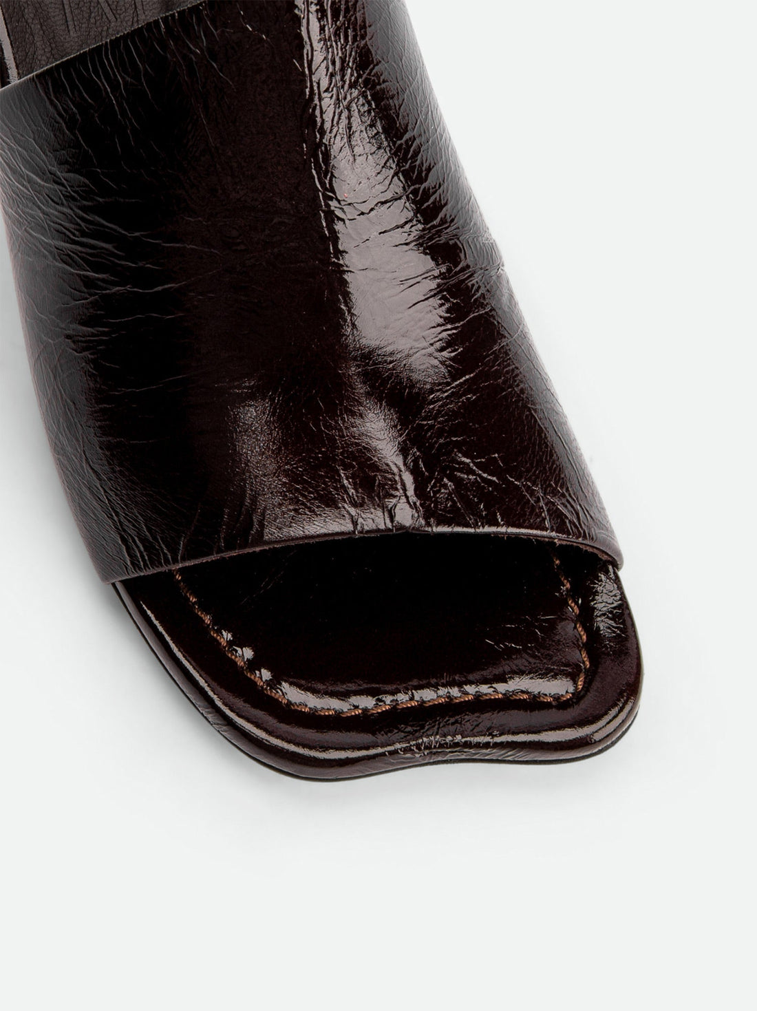 Mavis Dark Brown Crinkled Patent Leather Heel Mules - Toe Close-up View - POEVE Collection
