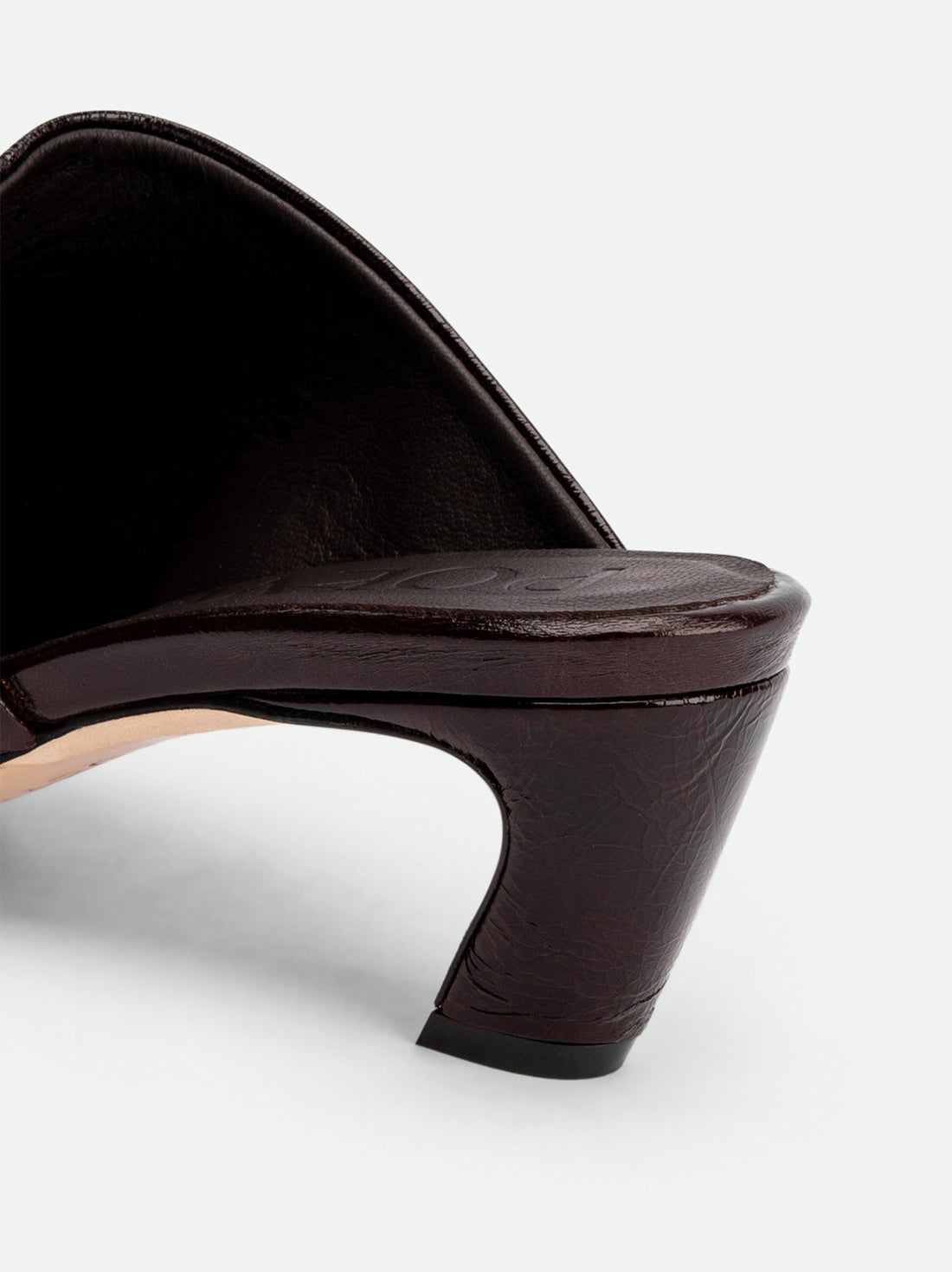 Mavis Dark Brown Crinkled Patent Leather Heel Mules - Heel Close-up View - POEVE Collection