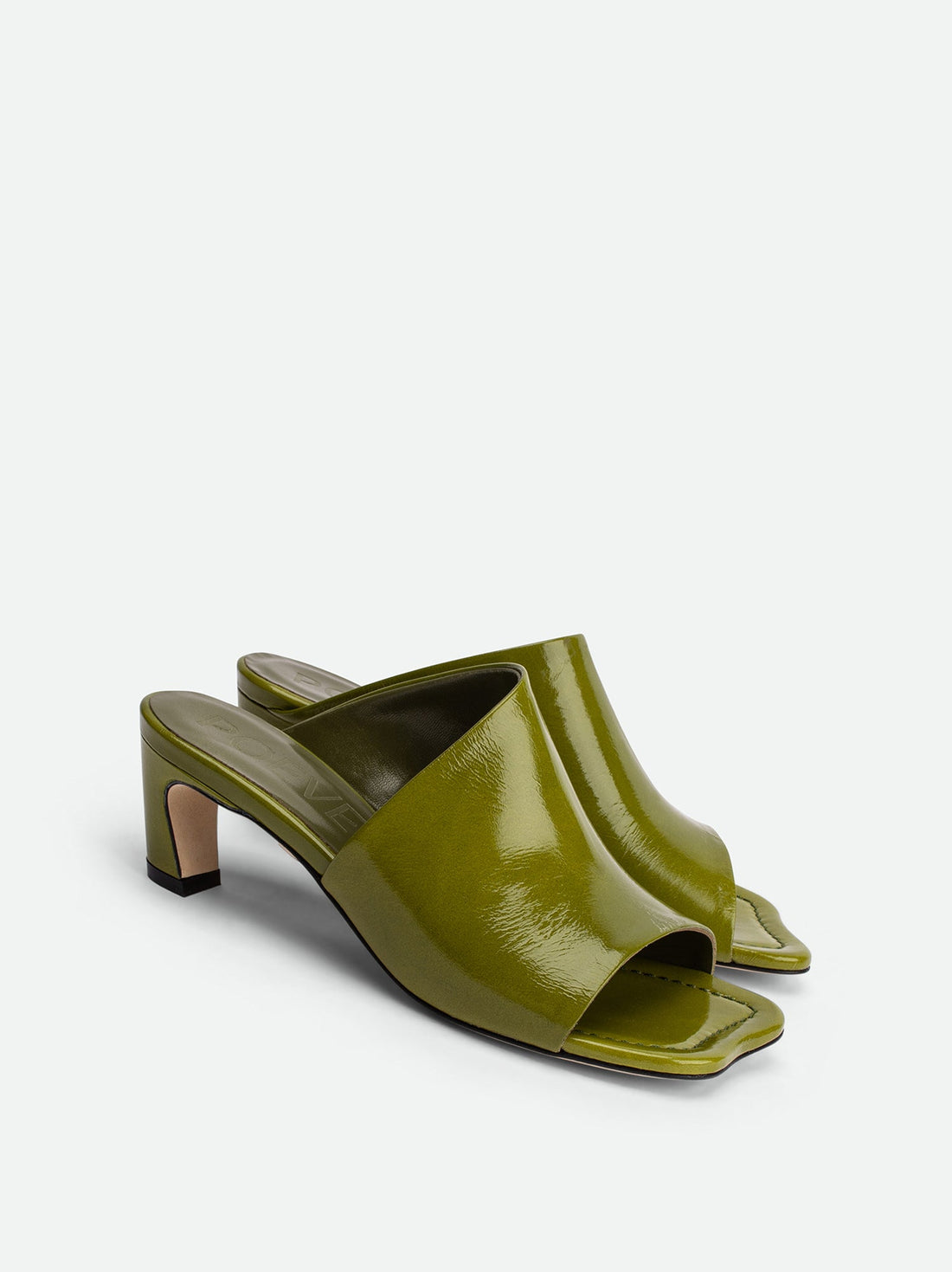 Mavis Green Crinkled Patent Leather Heel Mules - Angled Side View - POEVE Collection