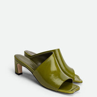 Mavis Green Crinkled Patent Leather Heel Mules - Angled Side View - POEVE Collection