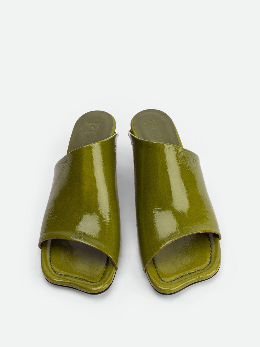 Mavis Green Crinkled Patent Leather Heel Mules - Top View - POEVE Collection