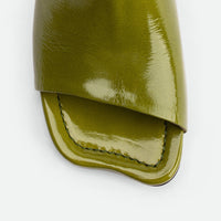 Mavis Green Crinkled Patent Leather Heel Mules - Toe Close-up View - POEVE Collection
