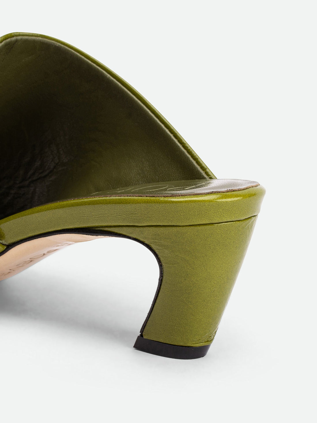 Mavis Green Crinkled Patent Leather Heel Mules - Heel Close-up View - POEVE Collection