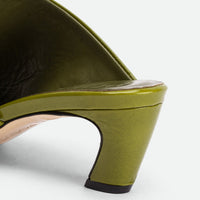 Mavis Green Crinkled Patent Leather Heel Mules - Heel Close-up View - POEVE Collection