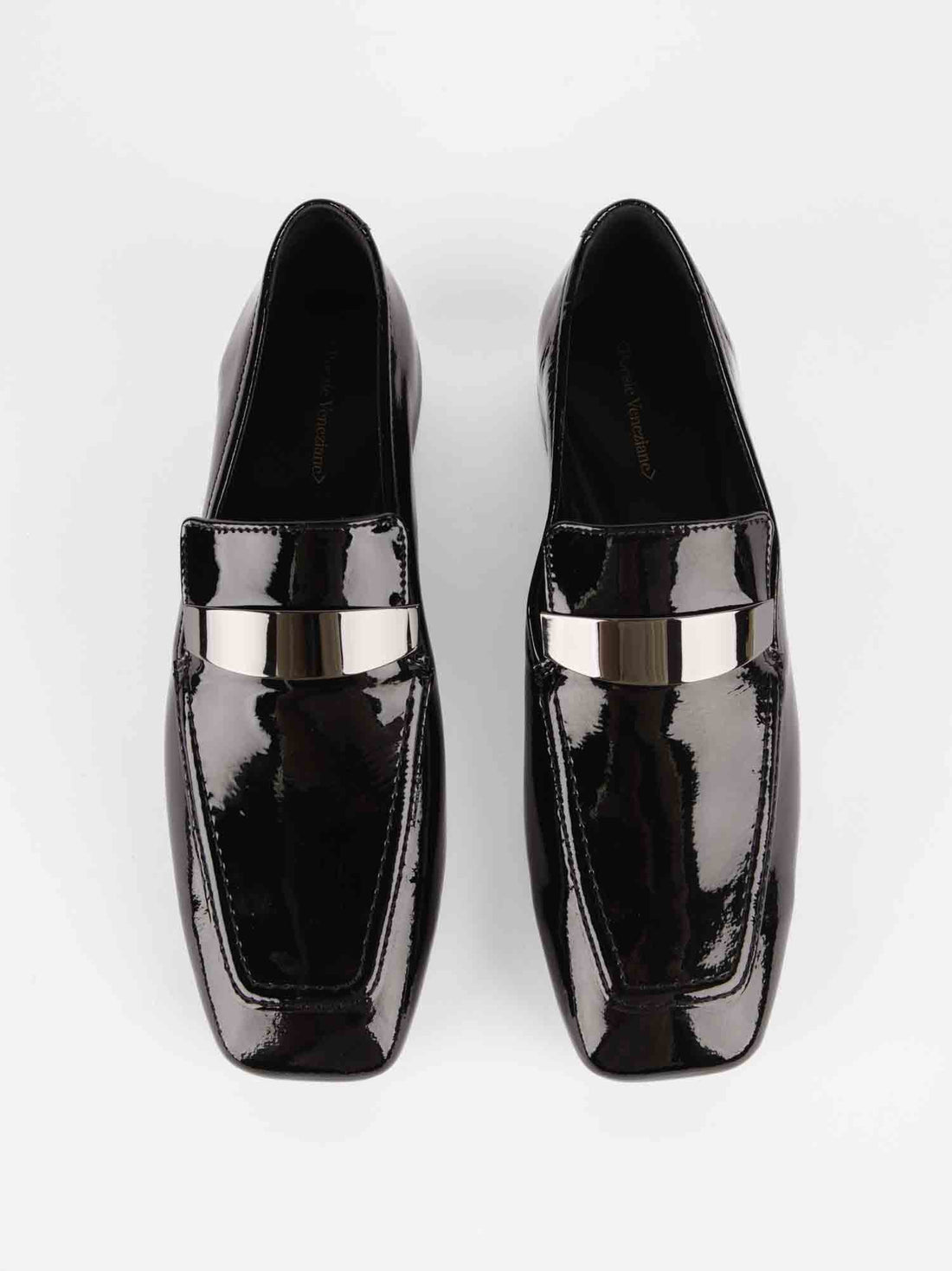 Valentina Black Patent Leather Loafers with Metal Accessory - Top View - POEVE Collection