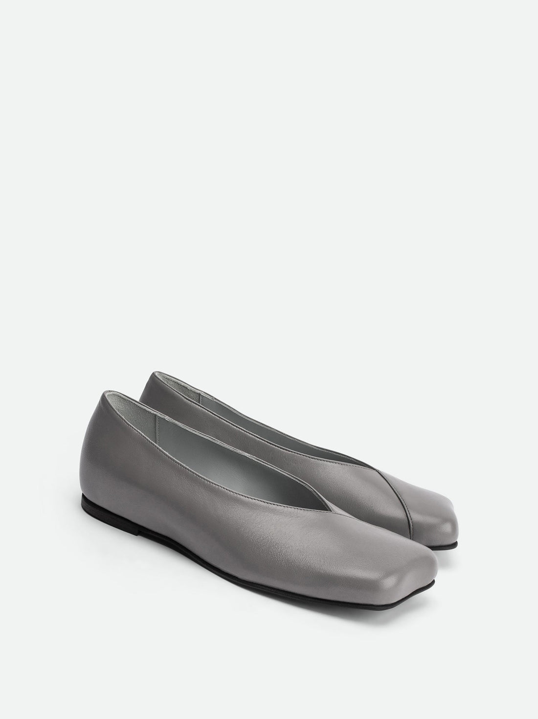 Antonia Grey Leather Ballerinas - Angled Side View - POEVE Collection