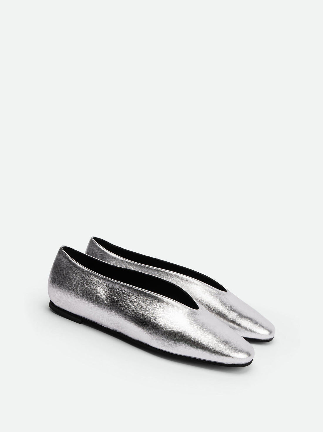 Reese Silver Laminated Leather Ballerinas - Angled Side View - POEVE Collection