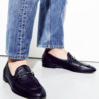 Harry Black Leather Loafers with Metal Buckle, styled with cropped straight-leg denim - POEVE Collection