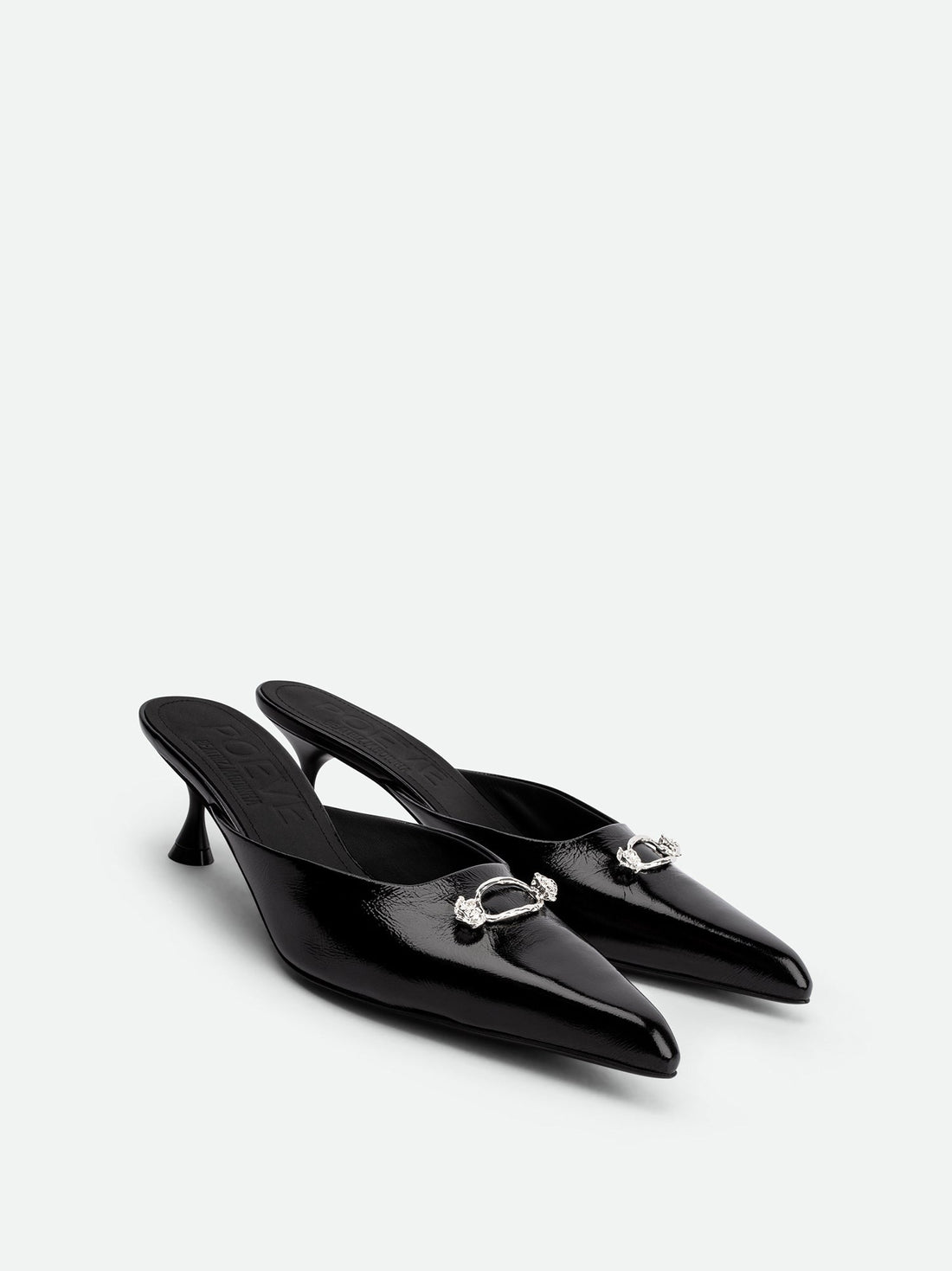 Eunice Black Patent Leather Heel Mules - Angled Side View - POEVE Collection
