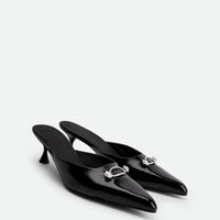 Eunice Black Patent Leather Heel Mules - Angled Side View - POEVE Collection