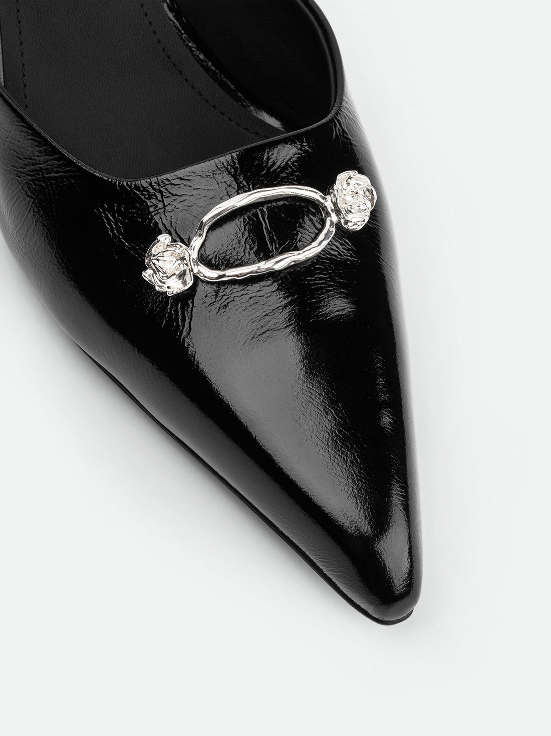 Eunice Black Patent Leather Heel Mules - Toe Close-up View - POEVE Collection