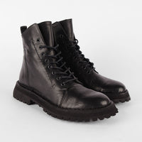 Wayne Black Leather Lace-up Ankle Boots - Angled Side View - POEVE Collection