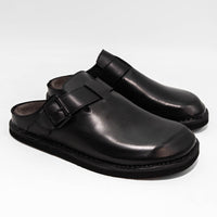 Osaka Black Leather Mules with Metal Buckle - Angled Side View - POEVE Collection