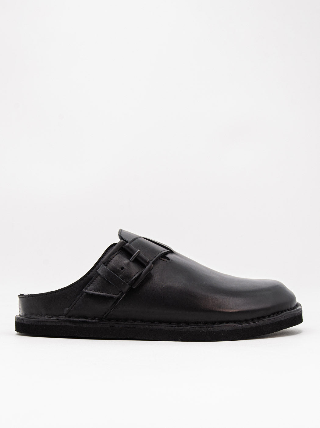 Osaka Black Leather Mules with Metal Buckle - Side View - POEVE Collection