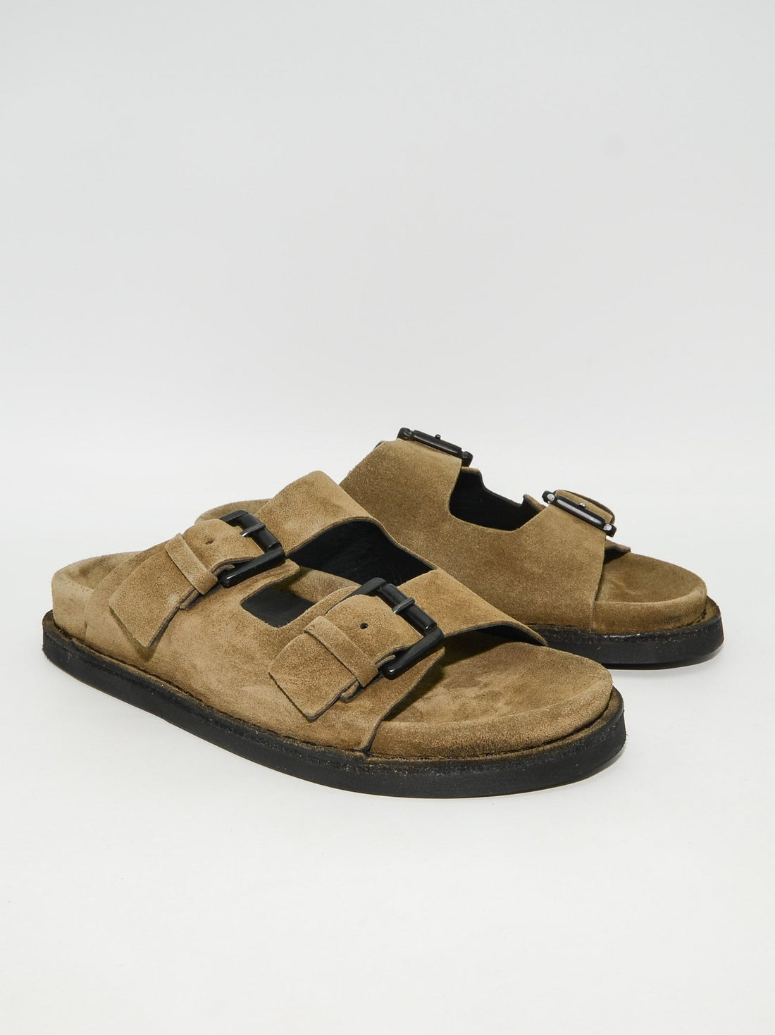 Rory Brown Crust Leather Mules with Metal Buckles - Angled Side View - POEVE Collection