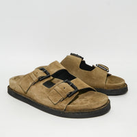 Rory Brown Crust Leather Mules with Metal Buckles - Angled Side View - POEVE Collection