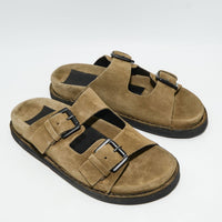 Rory Brown Crust Leather Mules with Metal Buckles - Three-Quarters View - POEVE Collection