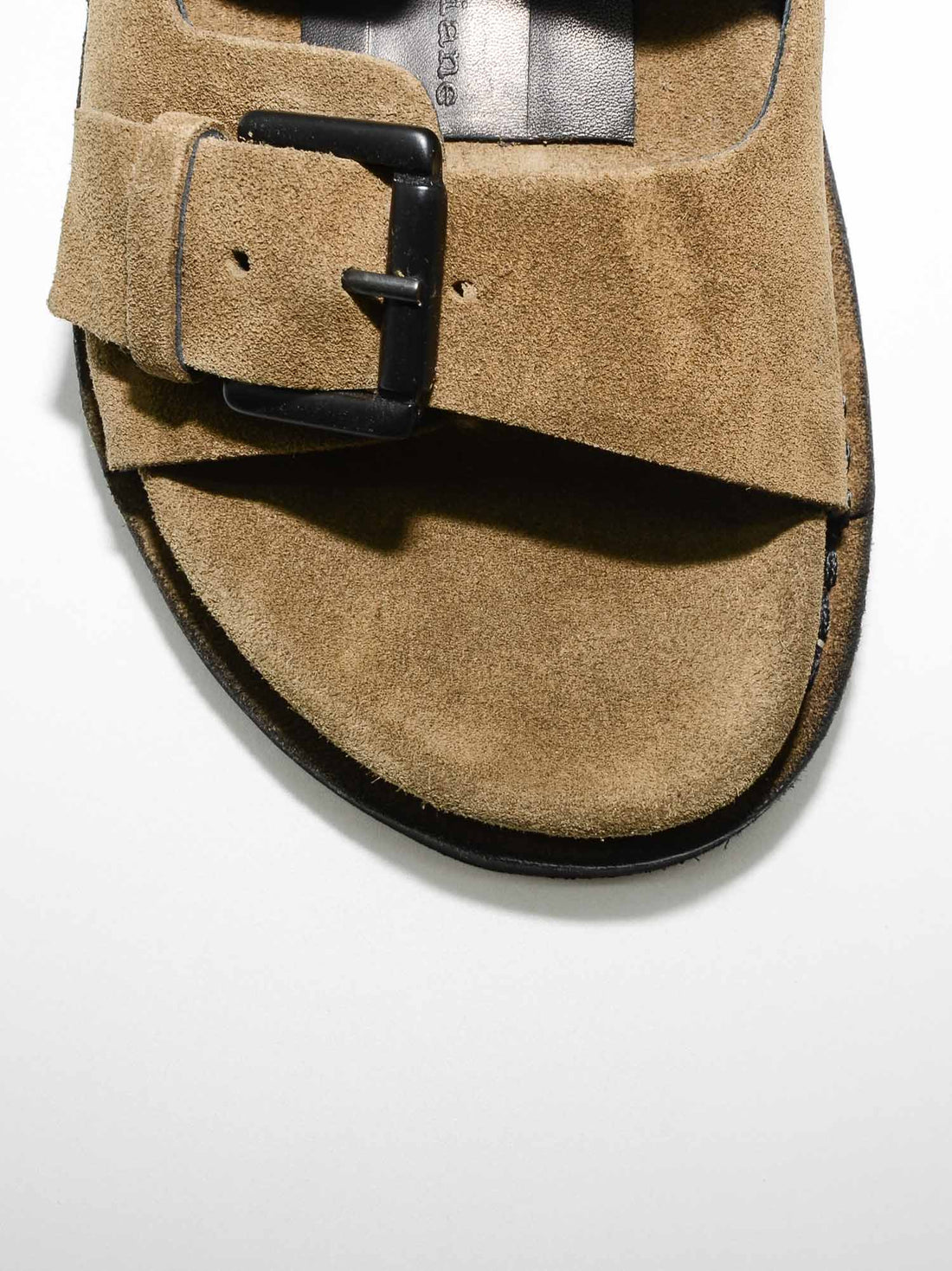 Rory Brown Crust Leather Mules with Metal Buckles - Toe Close-up View - POEVE Collection