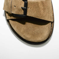 Rory Brown Crust Leather Mules with Metal Buckles - Toe Close-up View - POEVE Collection