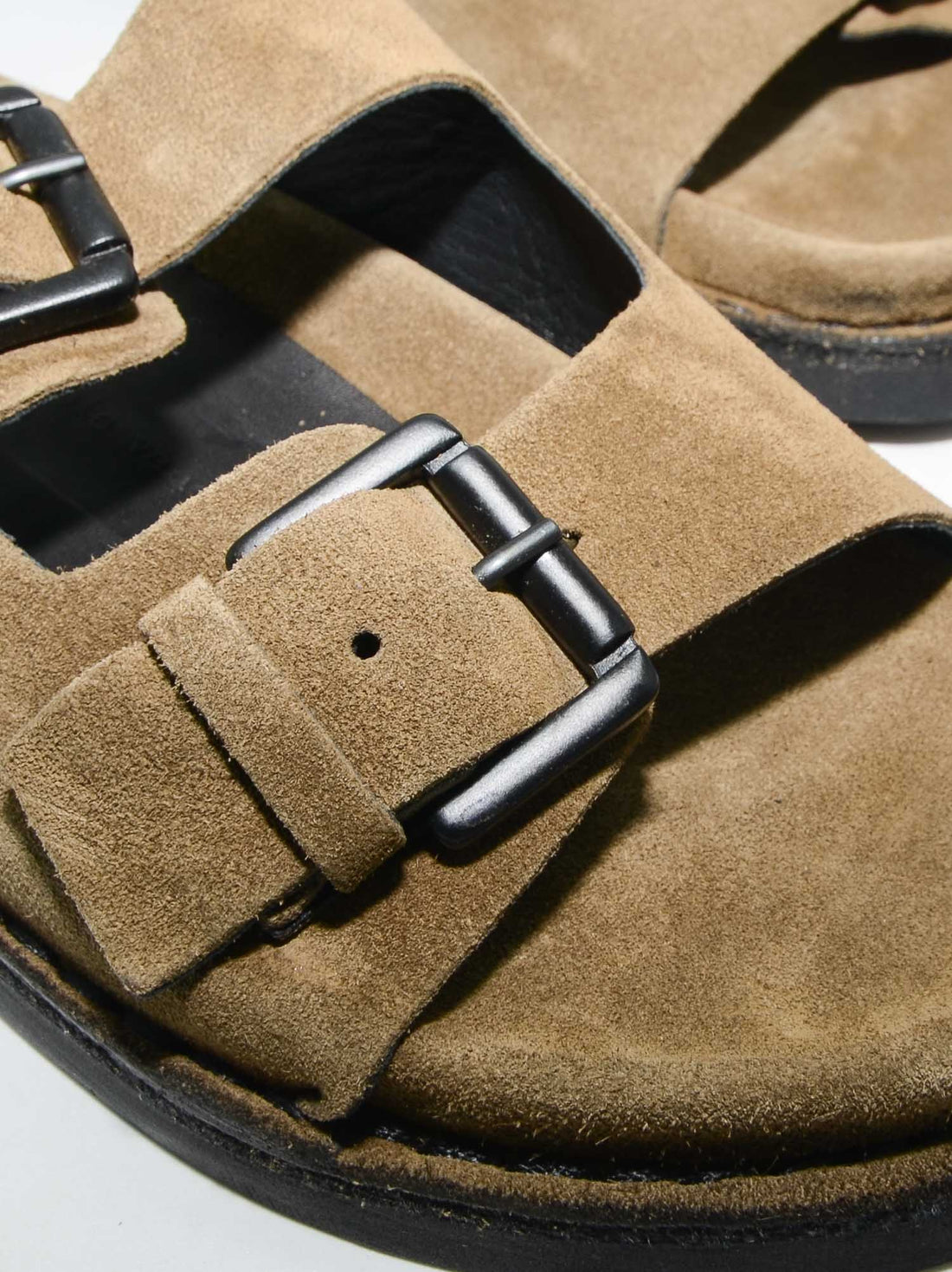 Rory Brown Crust Leather Mules with Metal Buckles - Buckle Close-up View - POEVE Collection
