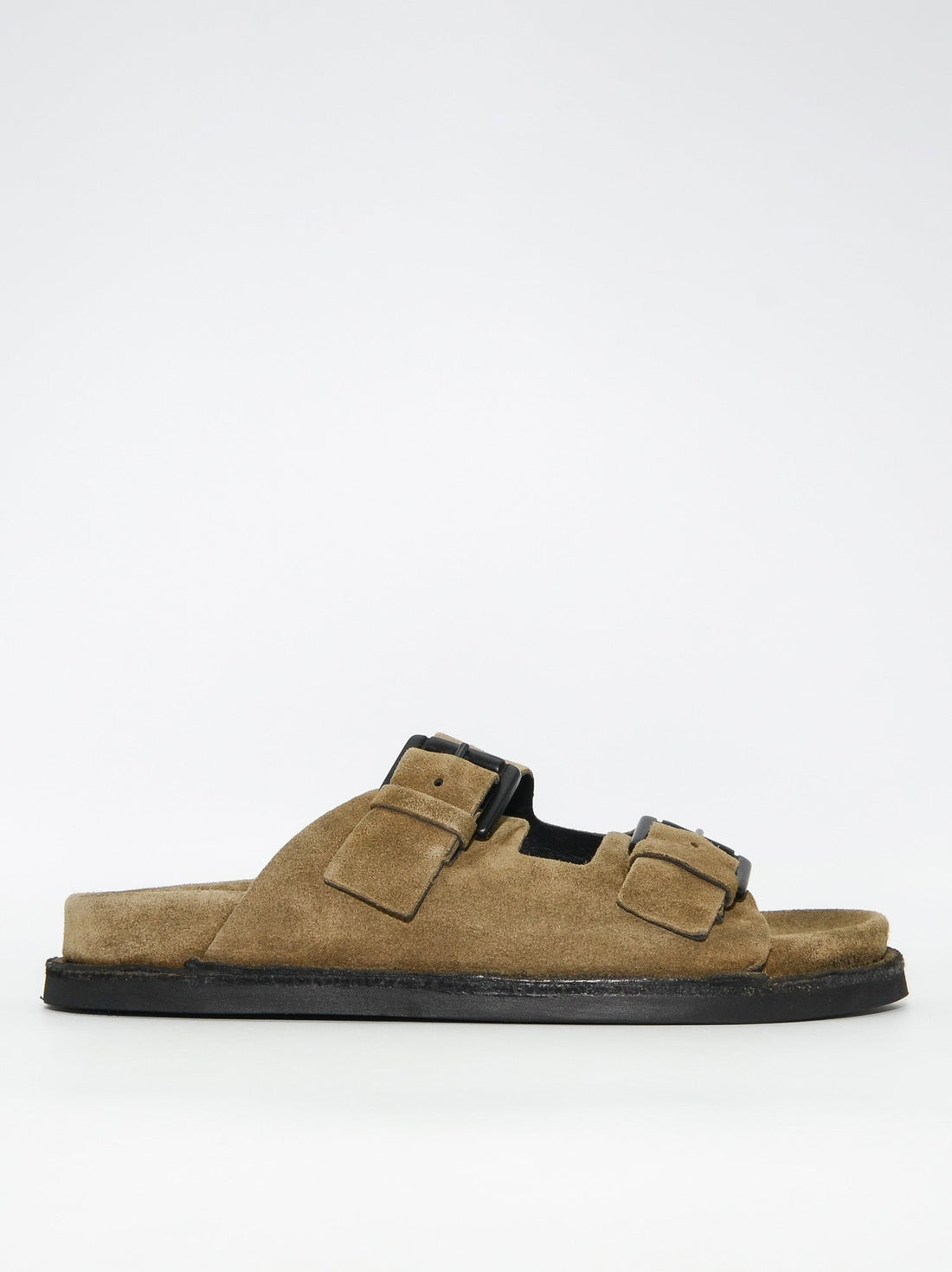 Rory Brown Crust Leather Mules with Metal Buckles - Side View - POEVE Collection