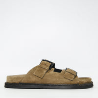 Rory Brown Crust Leather Mules with Metal Buckles - Side View - POEVE Collection