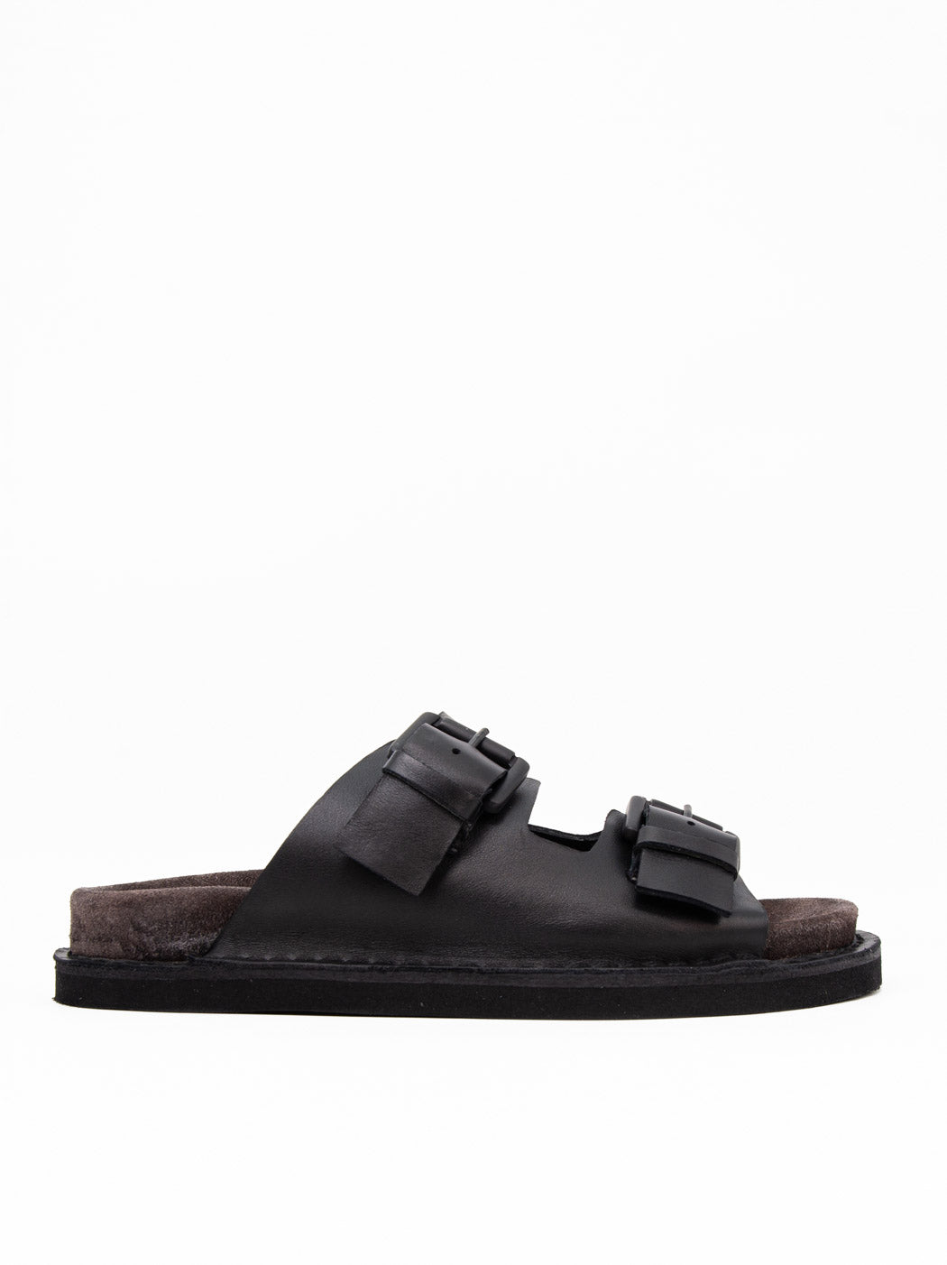 Rory Black Leather Mules with Metal Buckles - Side View - POEVE Collection