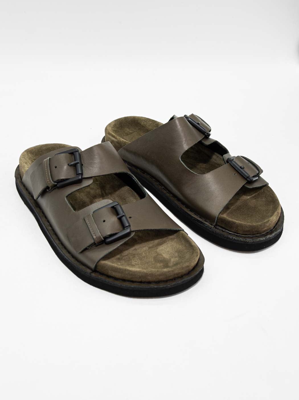 Rory Military Green Leather Mules with Metal Buckles - Three-Quarters View - POEVE Collection