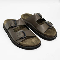 Rory Military Green Leather Mules with Metal Buckles - Three-Quarters View - POEVE Collection