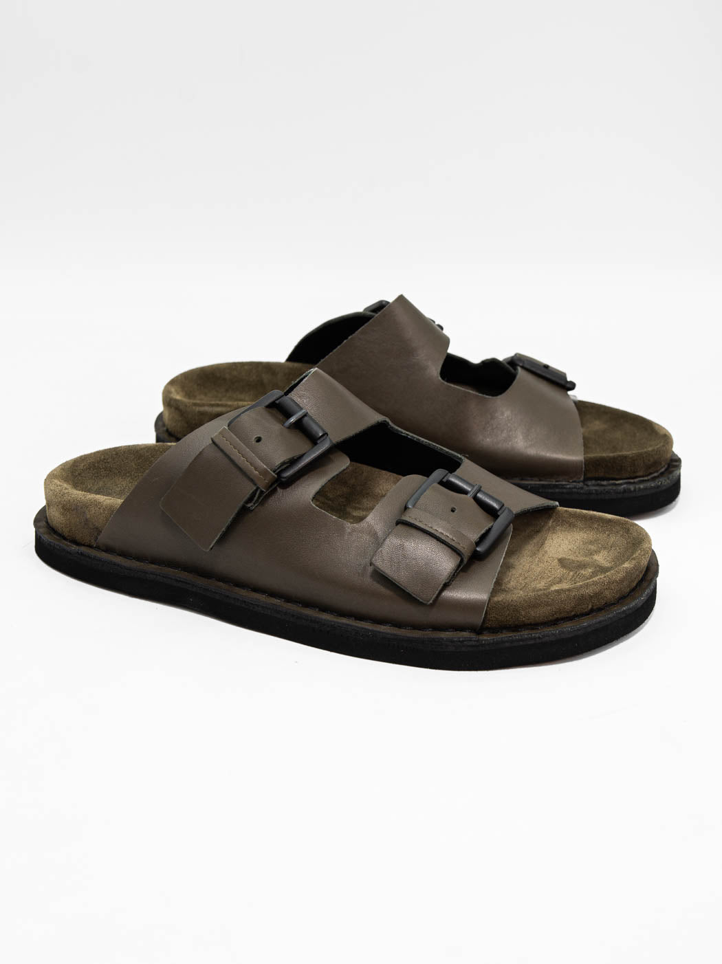 Rory Military Green Leather Mules with Metal Buckles - Angled Side View - POEVE Collection