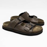 Rory Military Green Leather Mules with Metal Buckles - Angled Side View - POEVE Collection