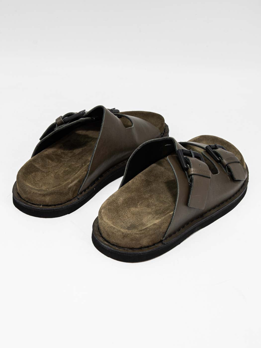 Rory Military Green Leather Mules with Metal Buckles - Back View - POEVE Collection