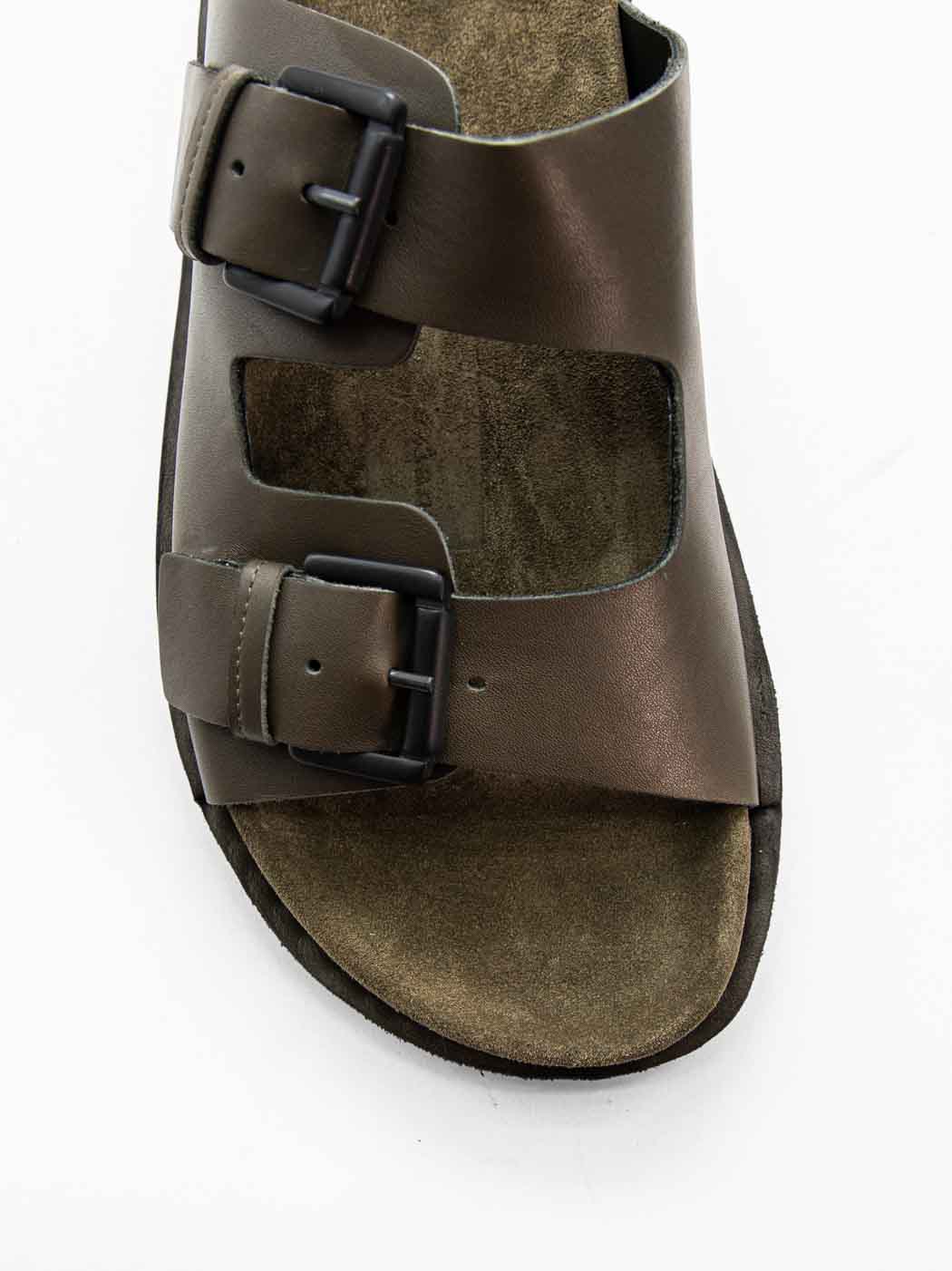 Rory Military Green Leather Mules with Metal Buckles - Toe Close-up View - POEVE Collection