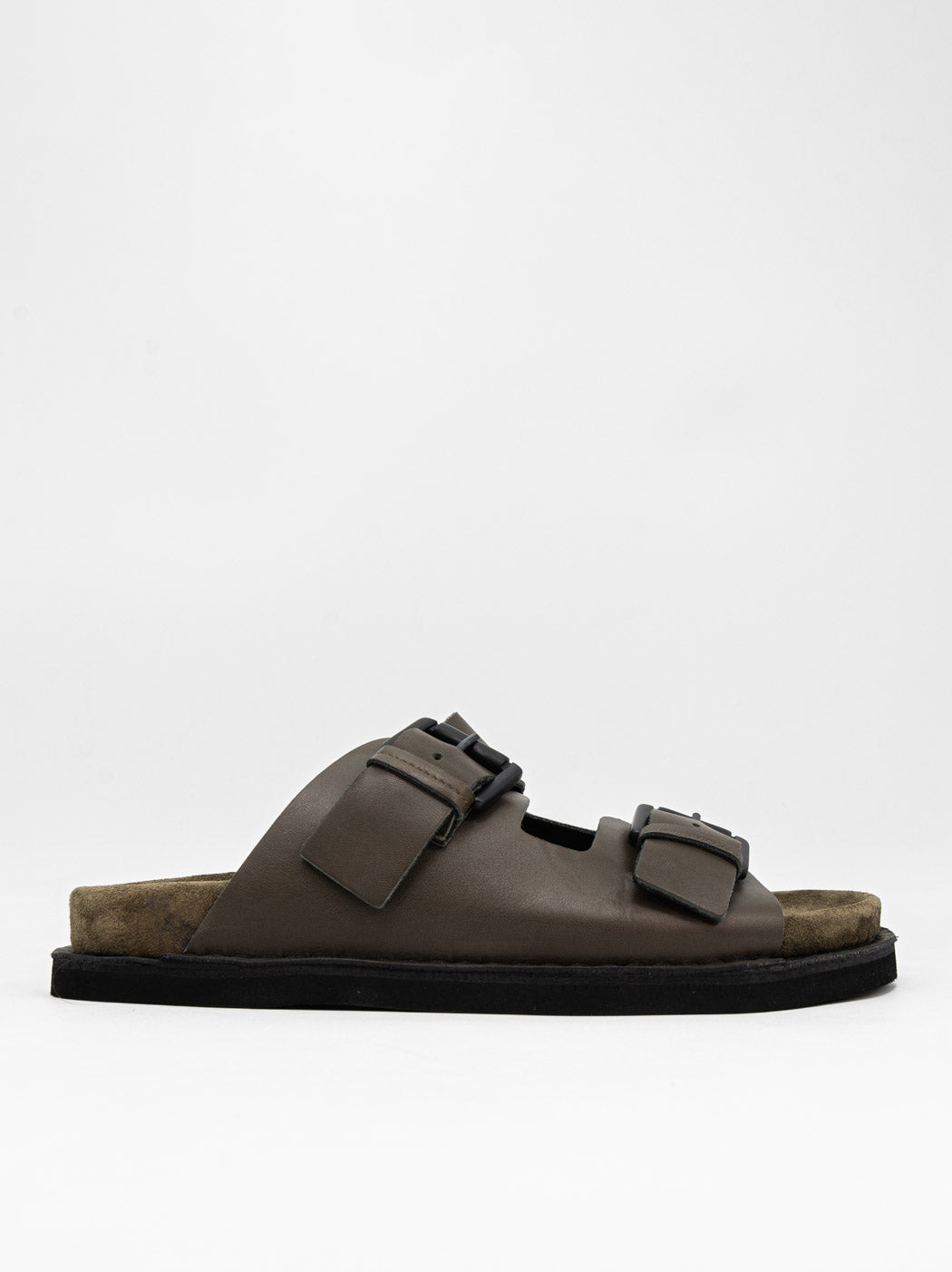 Rory Military Green Leather Mules with Metal Buckles - Side View - POEVE Collection