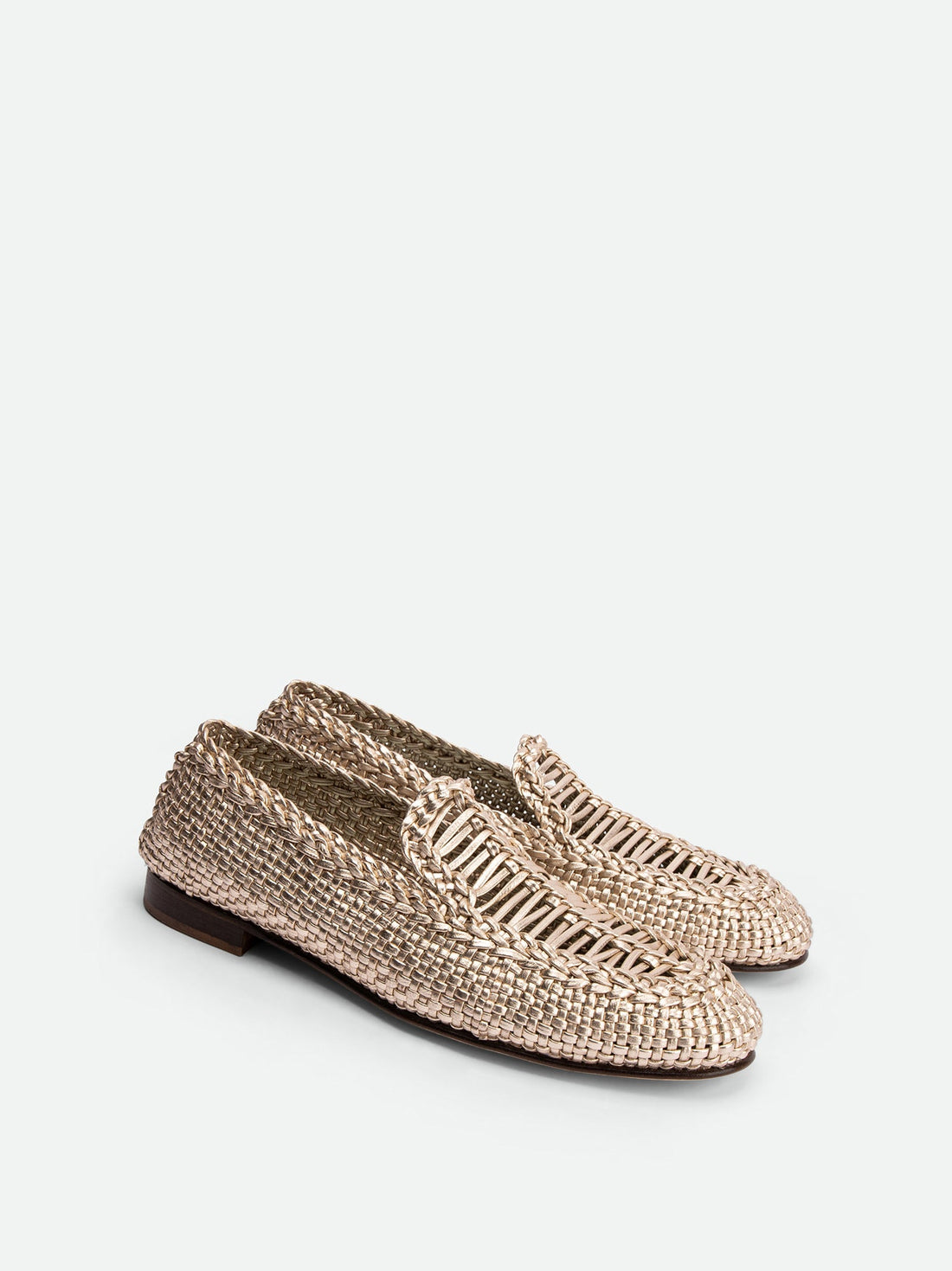 Carola Platinum Laminated Hand-Woven Leather Loafers - Angled Side View - POEVE Collection