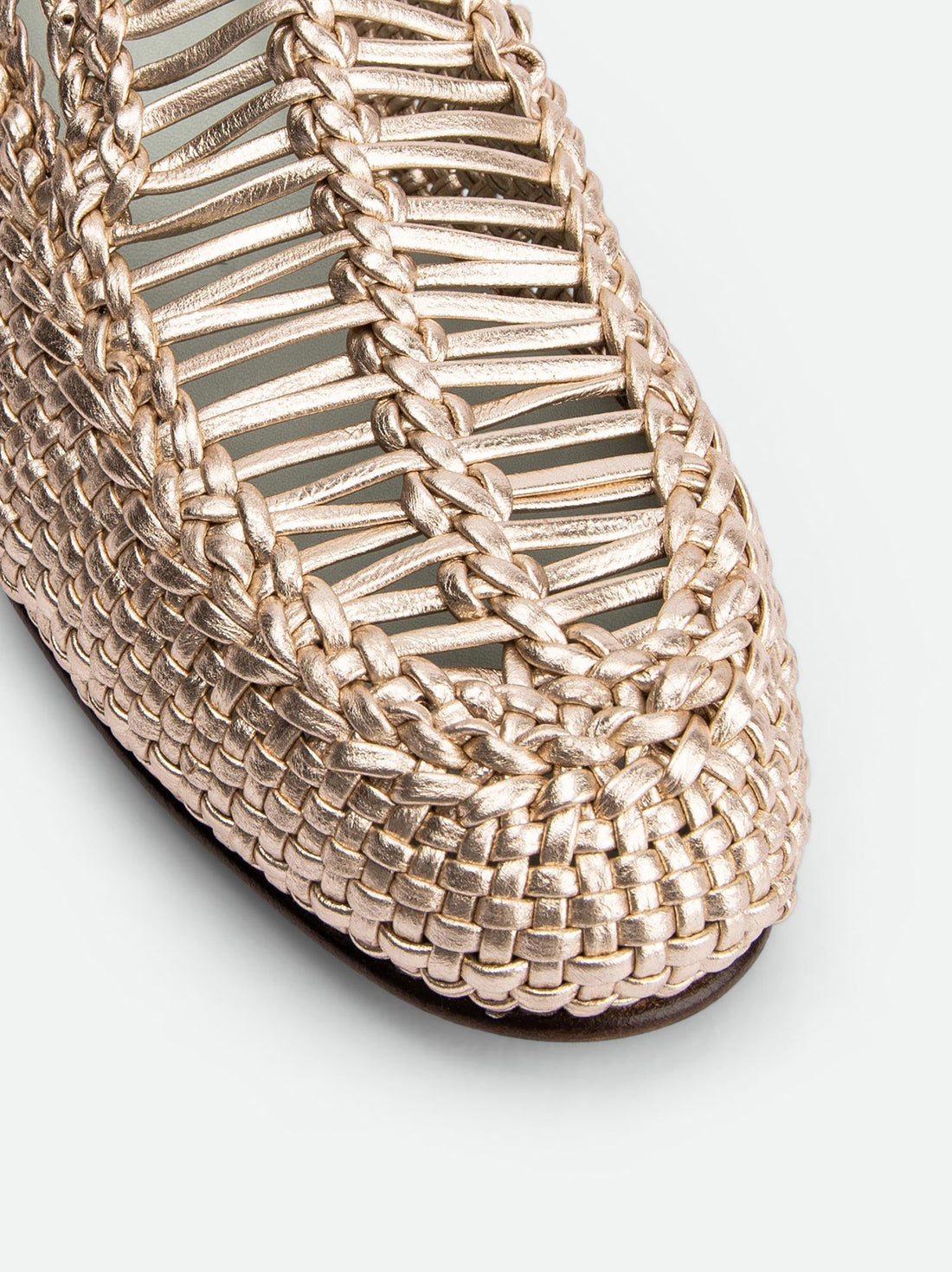 Carola Platinum Laminated Hand-Woven Leather Loafers - Toe Close-up Side View - POEVE Collection