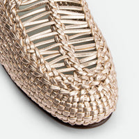 Carola Platinum Laminated Hand-Woven Leather Loafers - Toe Close-up Side View - POEVE Collection