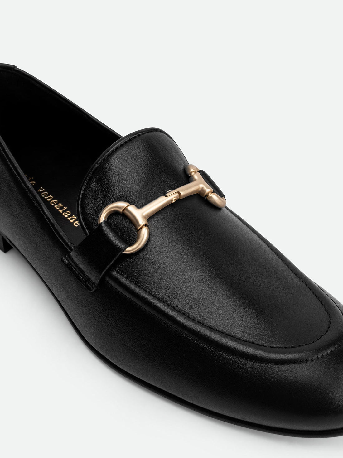 Elizabeth Black Leather Loafers - Metal Buckle Close-up View - POEVE Collection