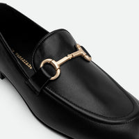 Elizabeth Black Leather Loafers - Metal Buckle Close-up View - POEVE Collection