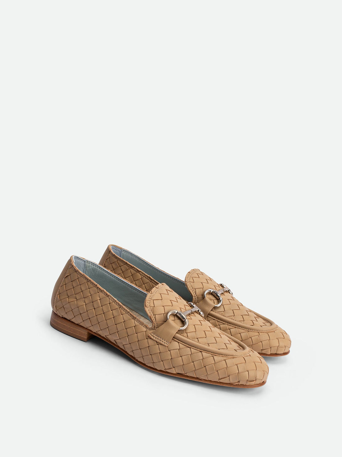 Elizabeth Beige Hand-Woven Leather Loafers - Angled Side View - POEVE Collection