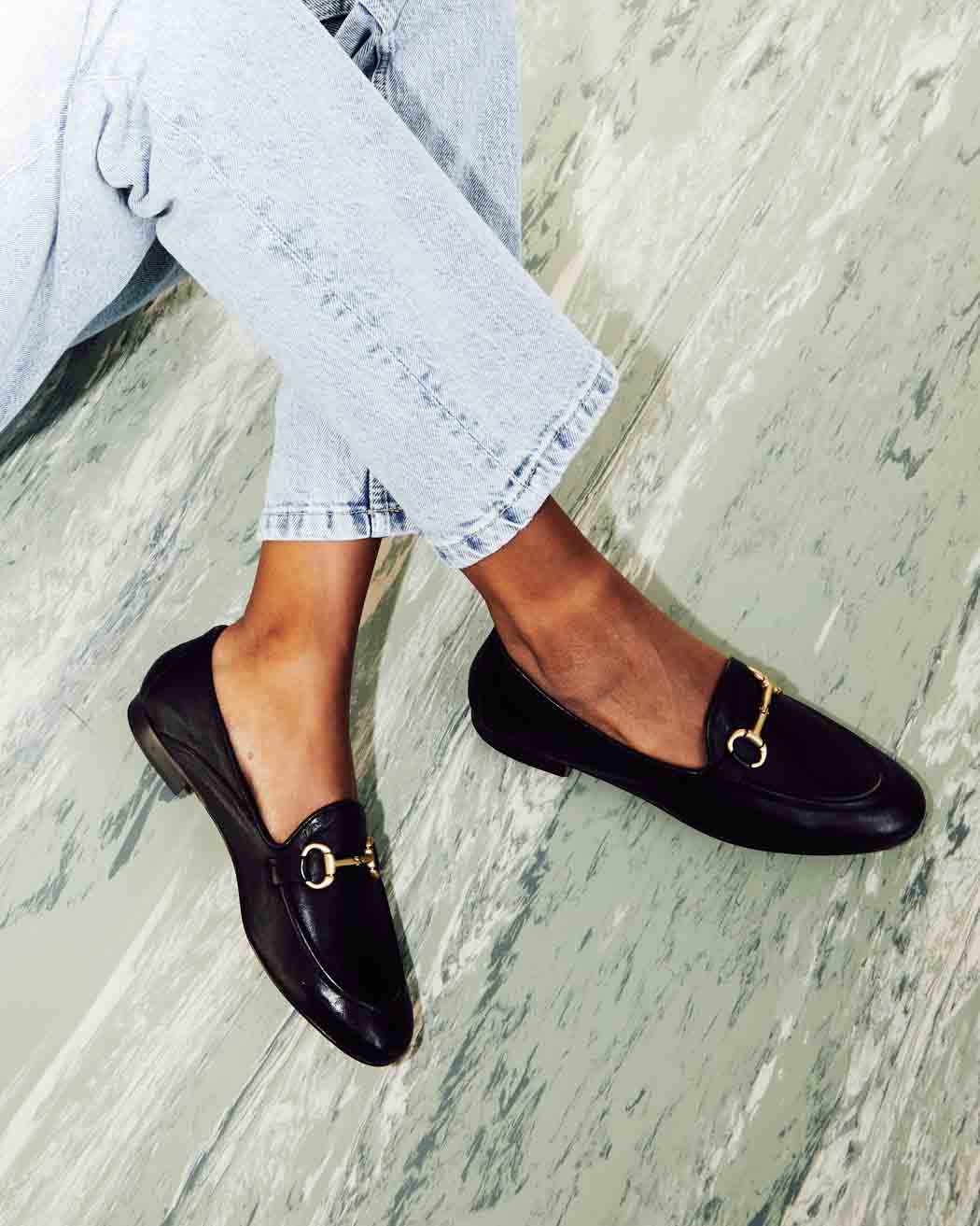 Elizabeth Black Leather Loafers, styled with light-wash denim - POEVE Collection