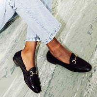 Elizabeth Black Leather Loafers, styled with light-wash denim - POEVE Collection