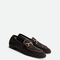 River Brown Perforated Leather Loafers with Metal Buckle - Angled Side View - POEVE Collection