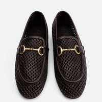 River Brown Perforated Leather Loafers with Metal Buckle - Top View - POEVE Collection