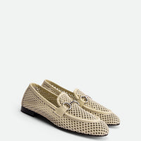 River Beige Perforated Leather Loafers with Metal Buckle - Angled Side View - POEVE Collection